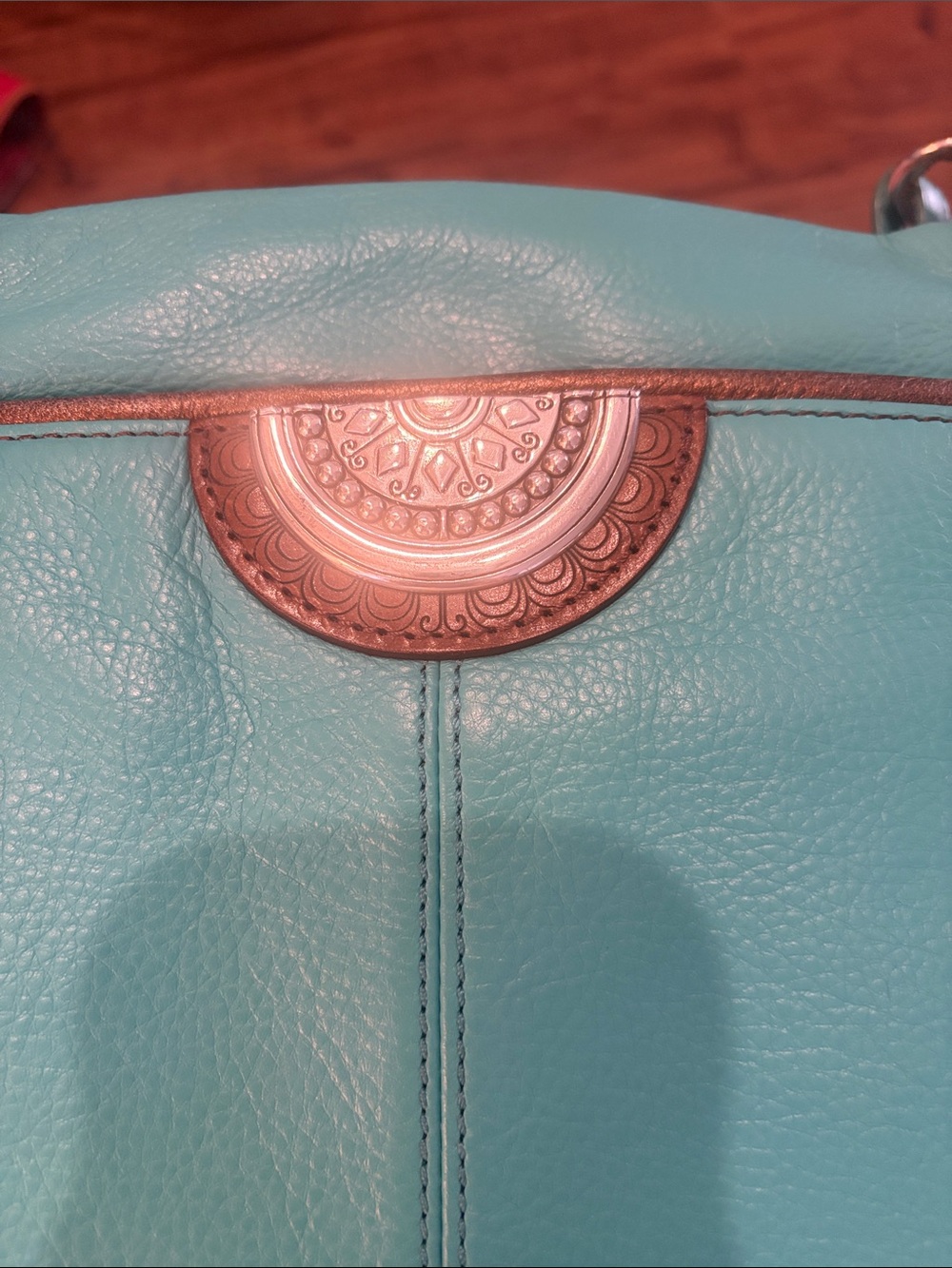 Brighton Turquoise Crossbody Bag with Brown Trim and Silver Accents - Picture 3 of 6